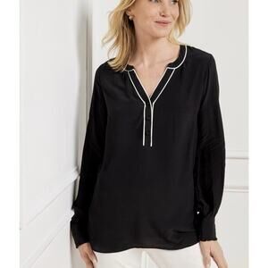Talbots Piped Placket Long Sleeve‎ Top Women's Size Small Black Blouse